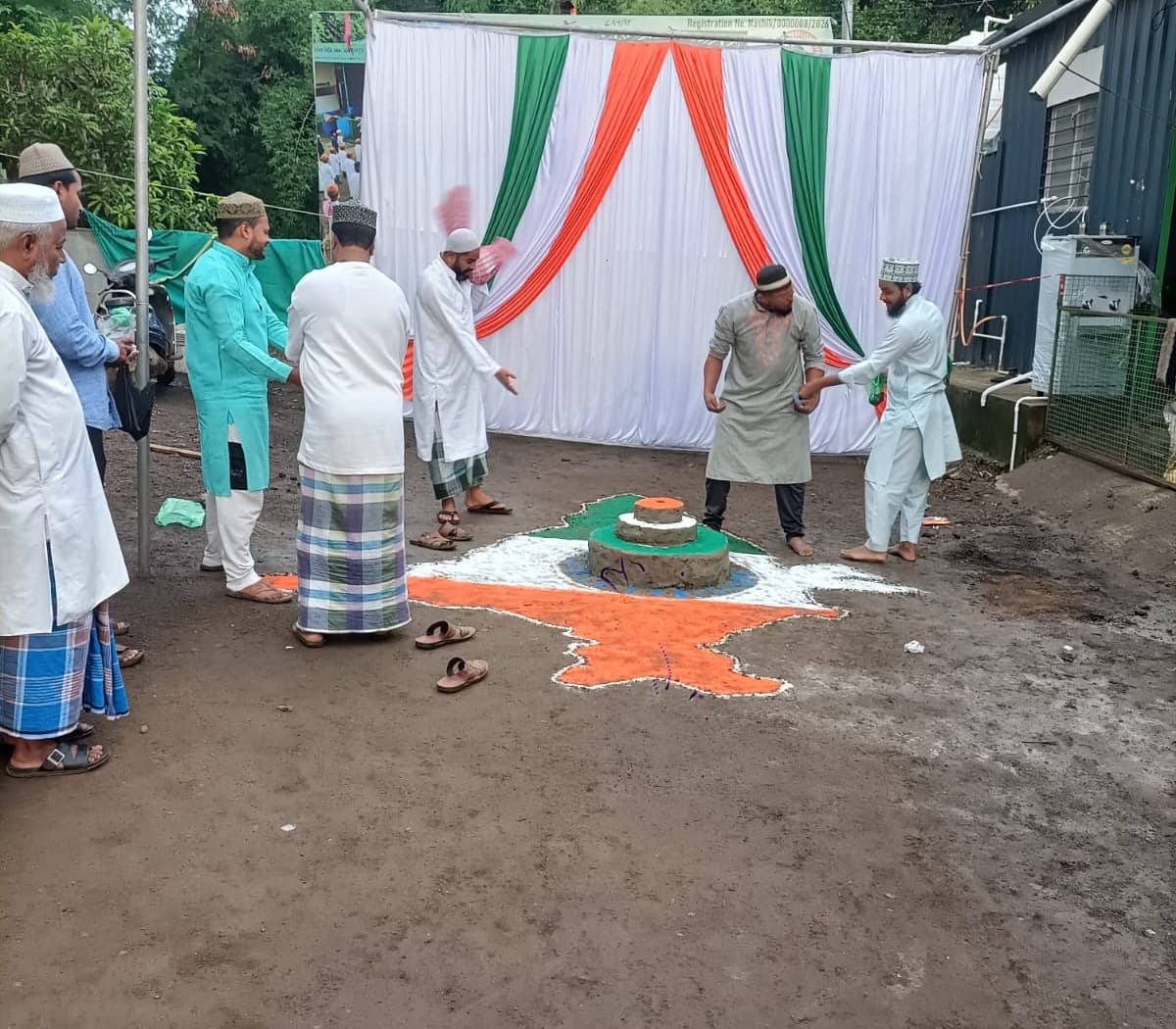 Tricolour decorations and rangoli at the madrasa